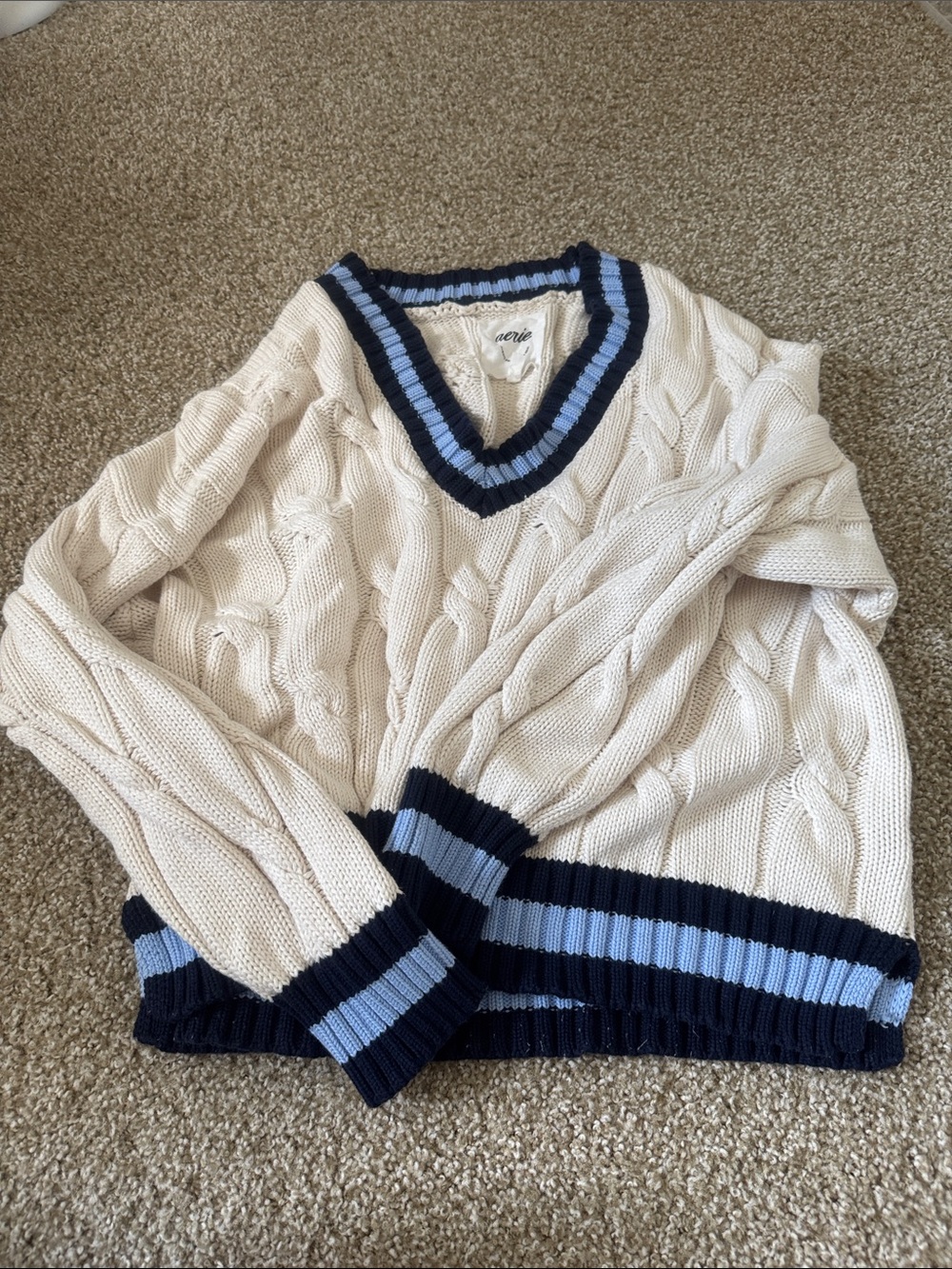 aerie Cream Cable Knit V-Neck Sweater with Navy & Light Blue Trim